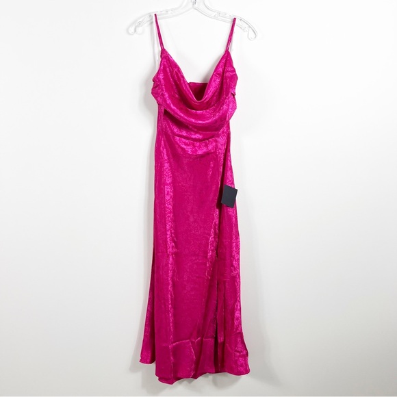 Lulus Stunning Radiance Hot Pink Satin Jacquard Cowl Midi Dress Size Medium NWT - Picture 3 of 8
